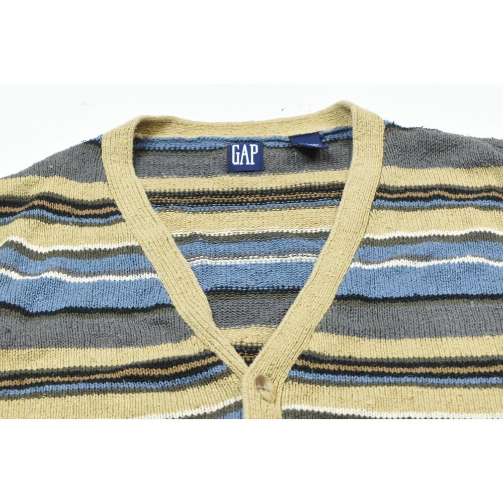 Vintage GAP Sweater Vest Mens Large Beige Blue Striped Silk Cotton Button-Up - Picture 3 of 9